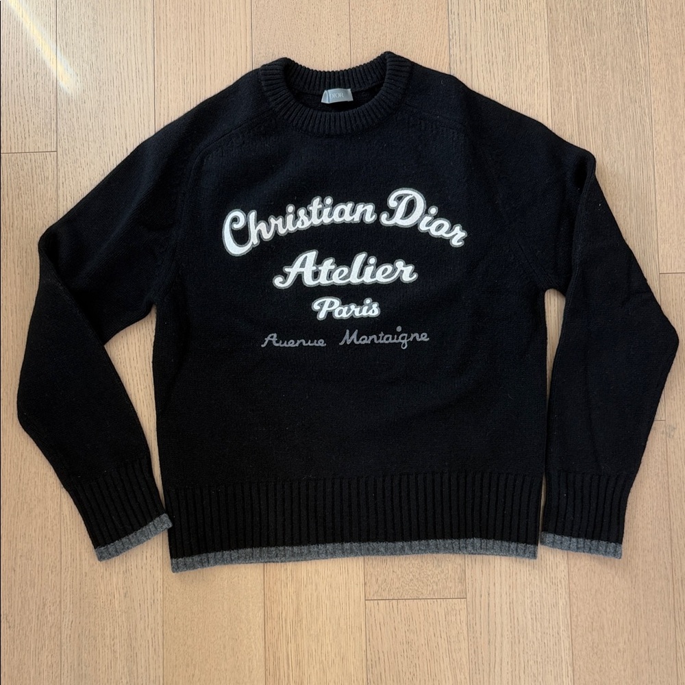 Dior Black Crewneck Virgin Wool Sweater with Gray Accents